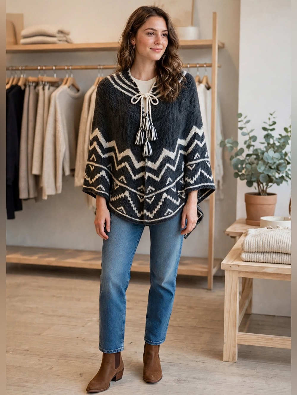 J. Jill wool knit Black & Cream Poncho Sweater with Tassel Tie one size